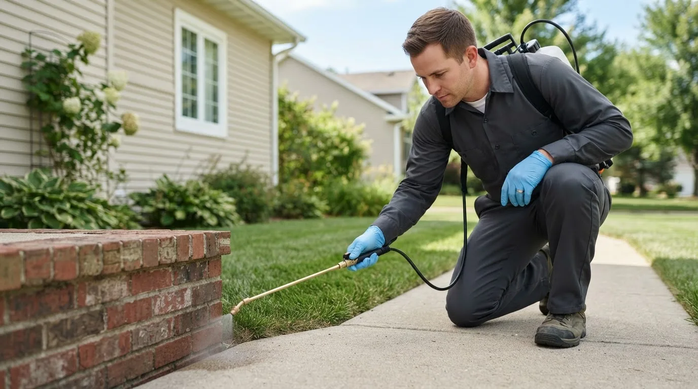 Pest control technician treating a home near Allendale, MO