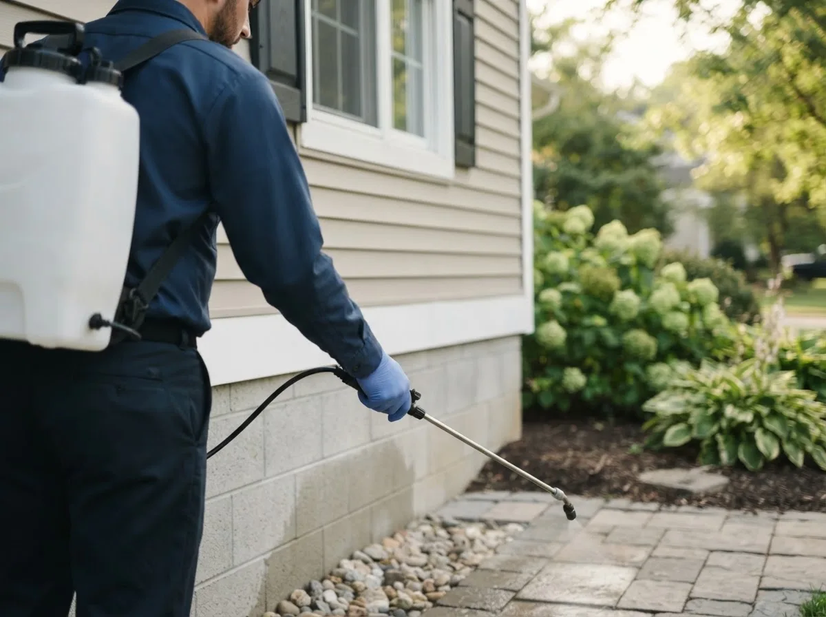 Pest control technician inspecting a home in Allendale, MO